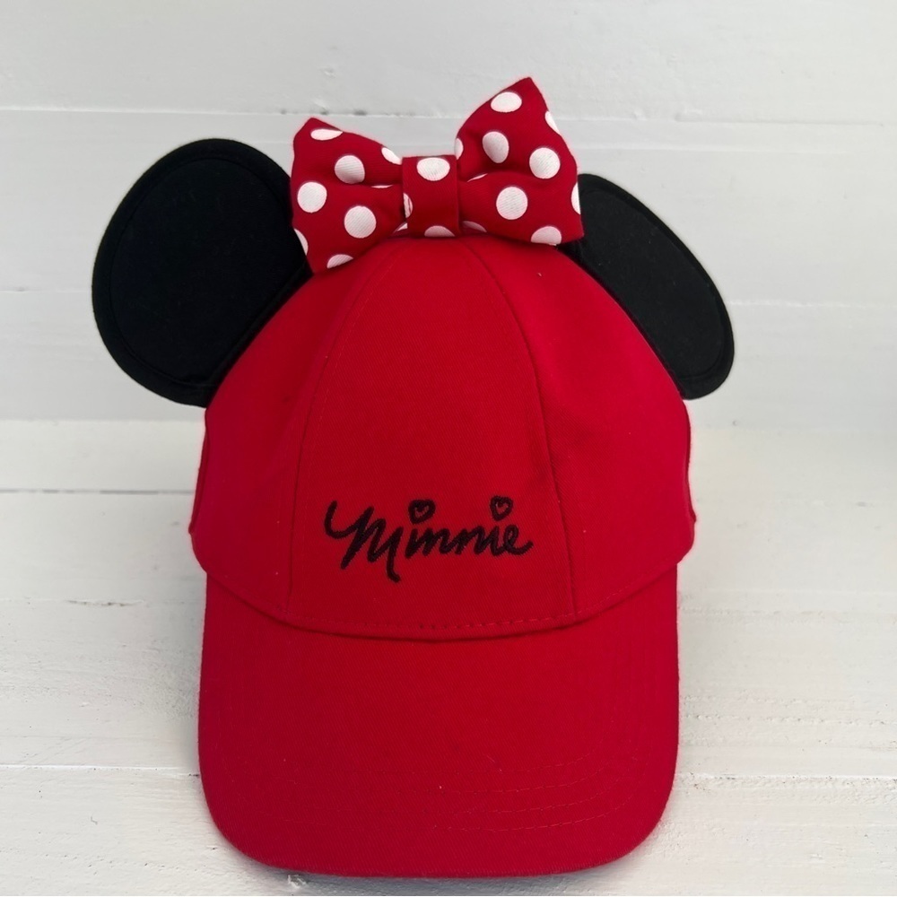 Disney Red Black Minnie Mouse Hat Cap Ears Bow Vacation Summer Hook And Loop